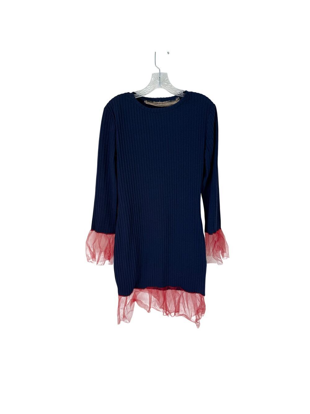Herstory Y2K Navy Ribbed Knit Tunic Dress with Red Tulle Hem Size Small